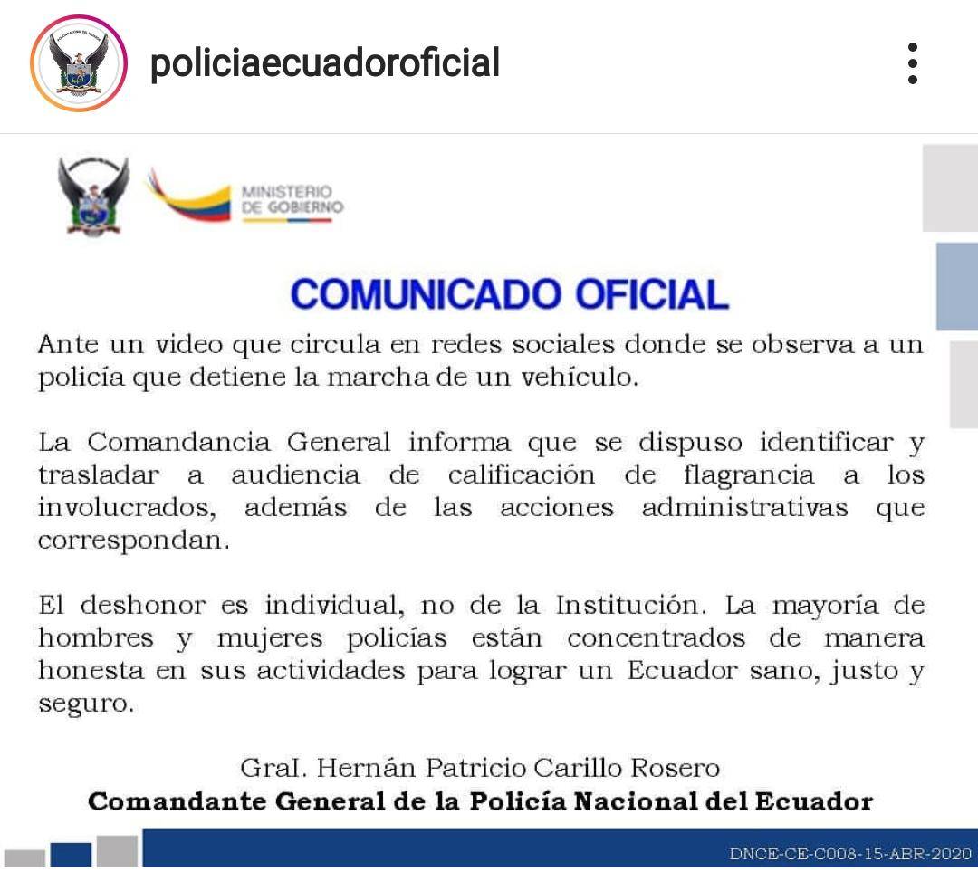 La Policía Nacional del Ecuador emitió un comunicado. La Policía Nacional del Ecuador emitió un comunicado.