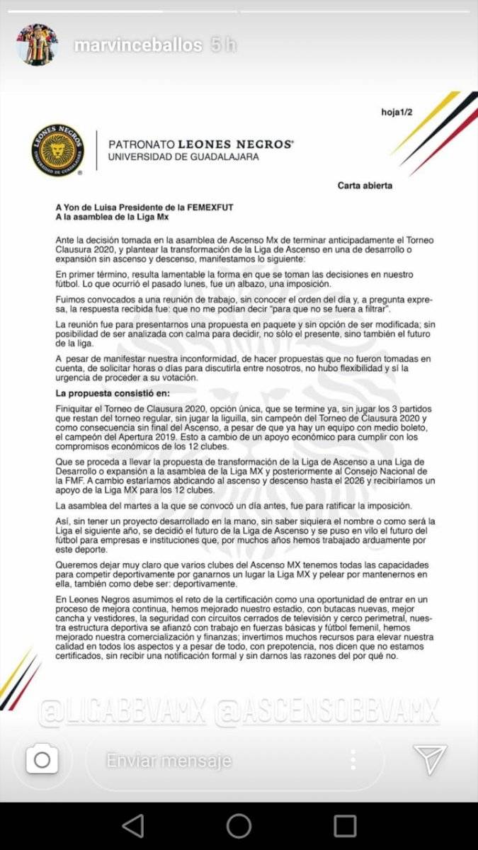 Marvin Ceballos comparte comunicado de los Leones Negros