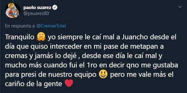 Paolo Suárez lanza fuerte dardo al presidente crema