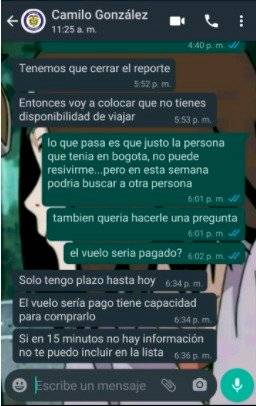 Conversación entre un colombiano varado y un representante del Consulado