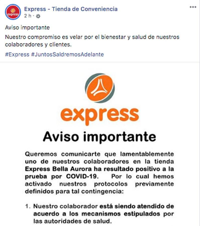 Comunicado de Express Bella Aurora en redes sociales