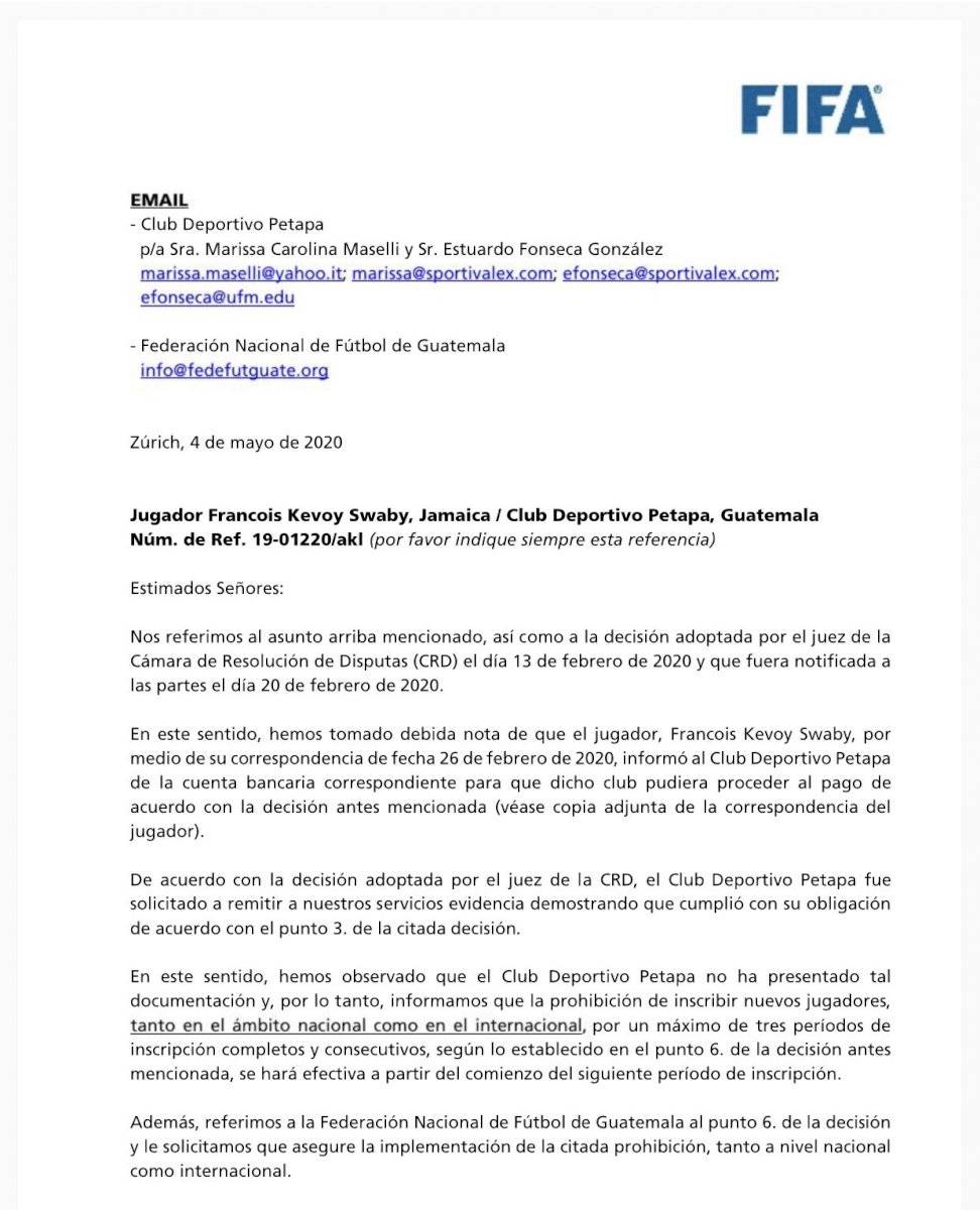 FIFA prohibe a Petapa inscribir jugadores por los próximos tres periodos