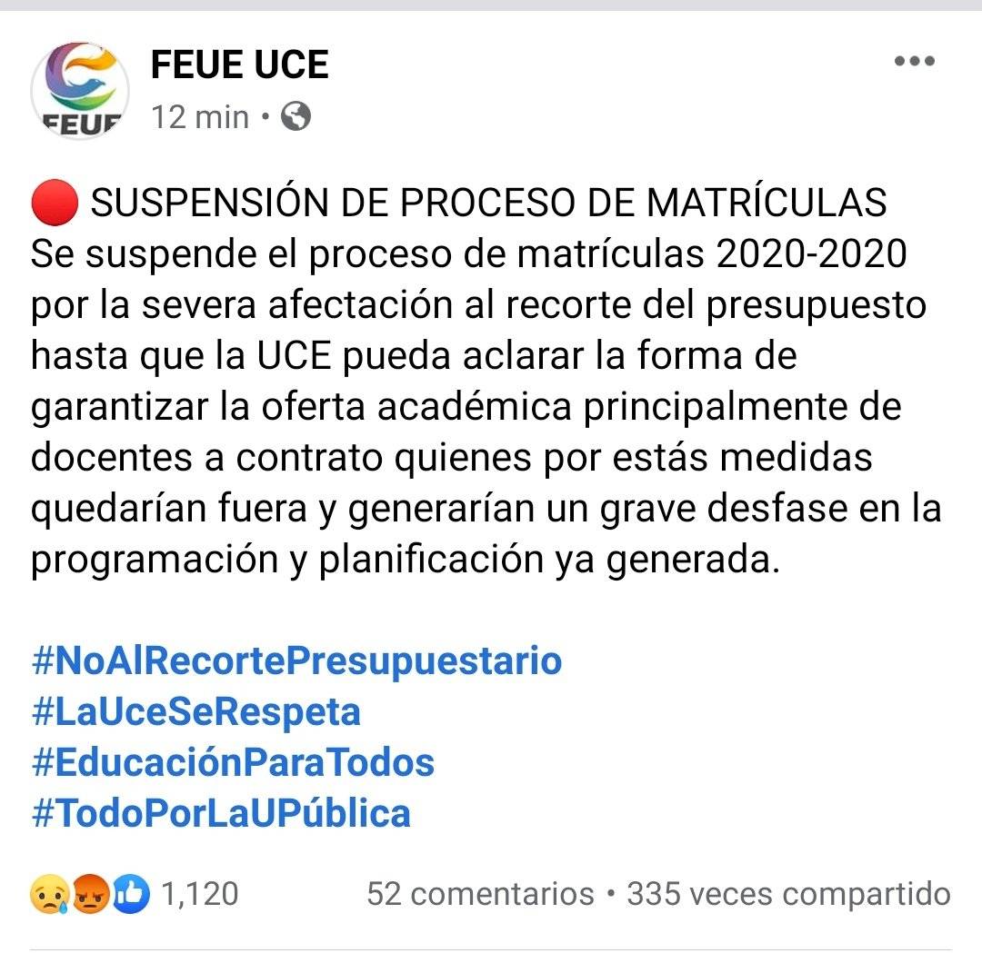 Se suspende el proceso de matrículas en la Universidad Central