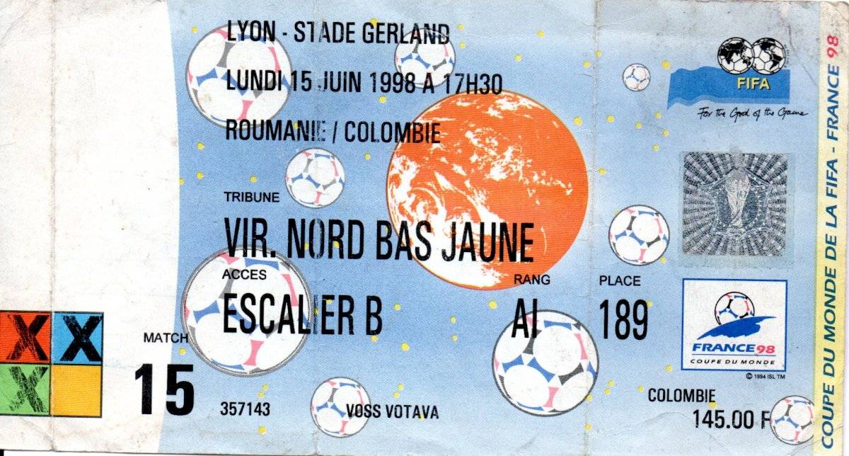 Boleta Francia 98 Colombia vs. Rumania