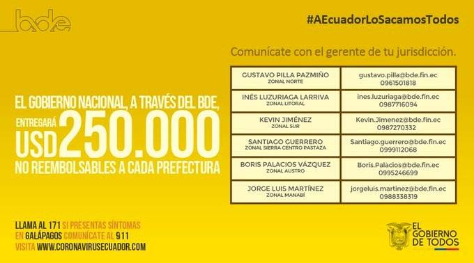 El Gobierno del presidente @Lenin Moreno a través del @BDEcuadorBP , entregará USD 250.000 no reembolsables a cada uno de los GAD provinciales del país para afrontar la emergencia sanitaria.