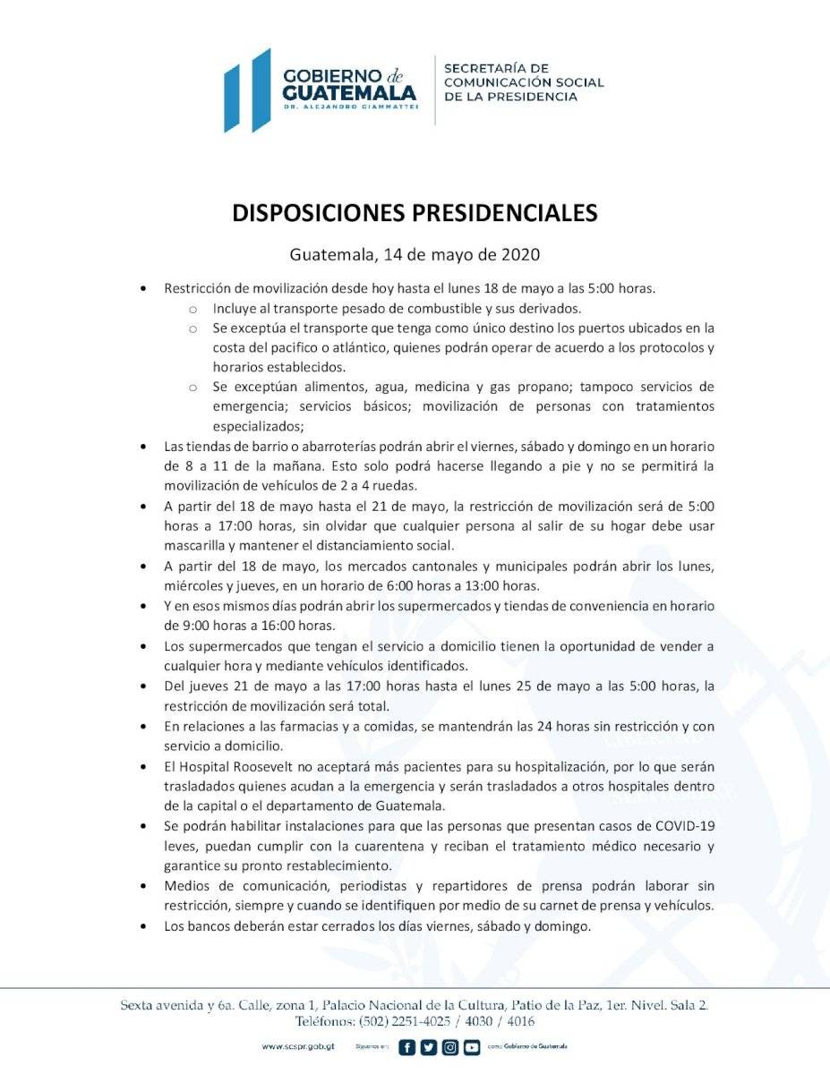 Disposiciones presidenciales para mayo de 2020