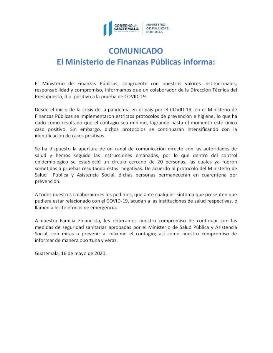 Comunicado del Ministerio de Finanzas sobre caso positivo de Covid-19
