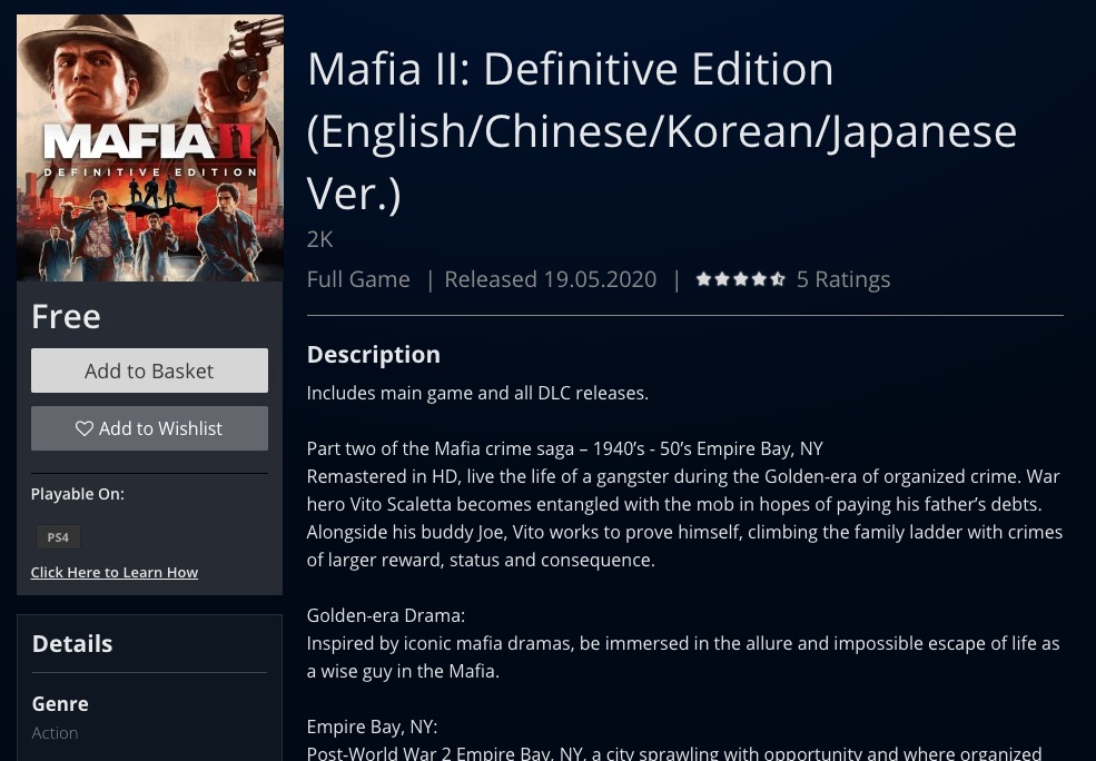PlayStation 4 Mafia II PlayStation 4 Mafia II