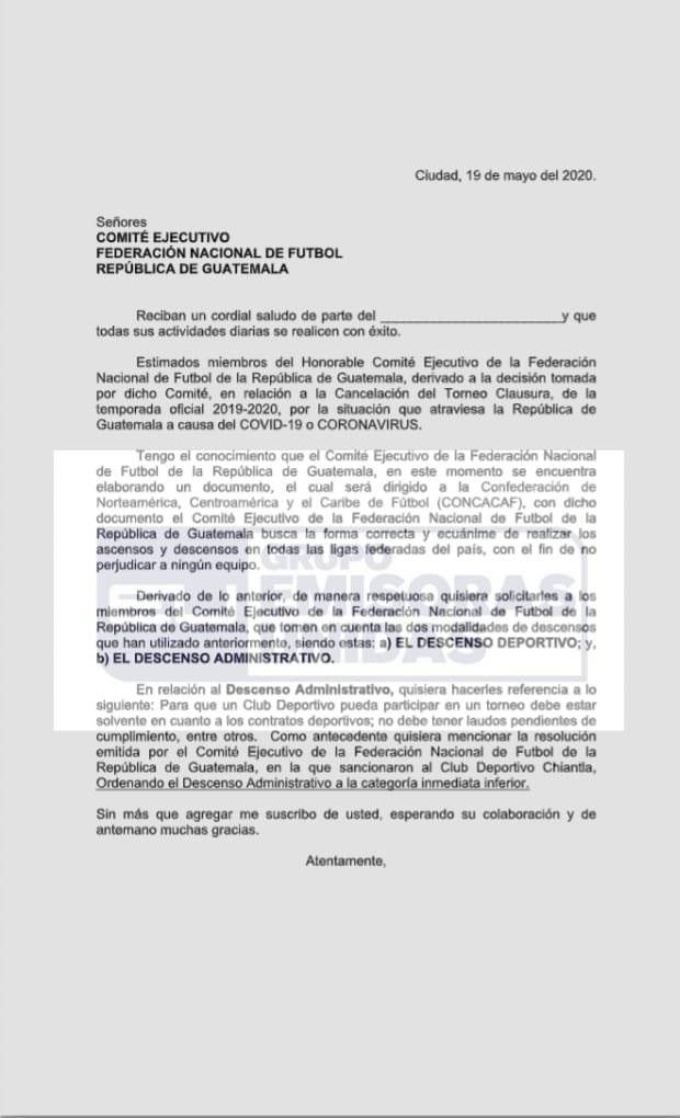 Carta de Mixco Comité Ejecutivo Fedefut, descensos administrativos