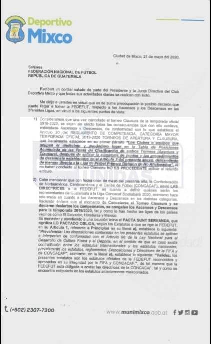 Carta de Mixco a la Fedefut sobre ascensos y descensos
