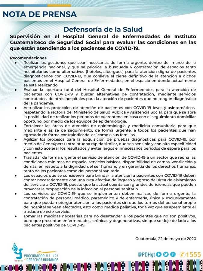 Recomendaciones de PDH al IGSS tras supervisión del Hospital General de Enfermedades