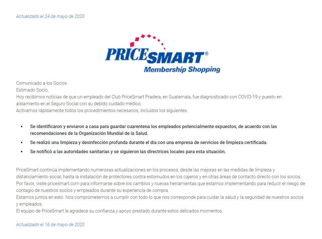 Comunicado de PriceSmart Guatemala sobre caso de COVID-19