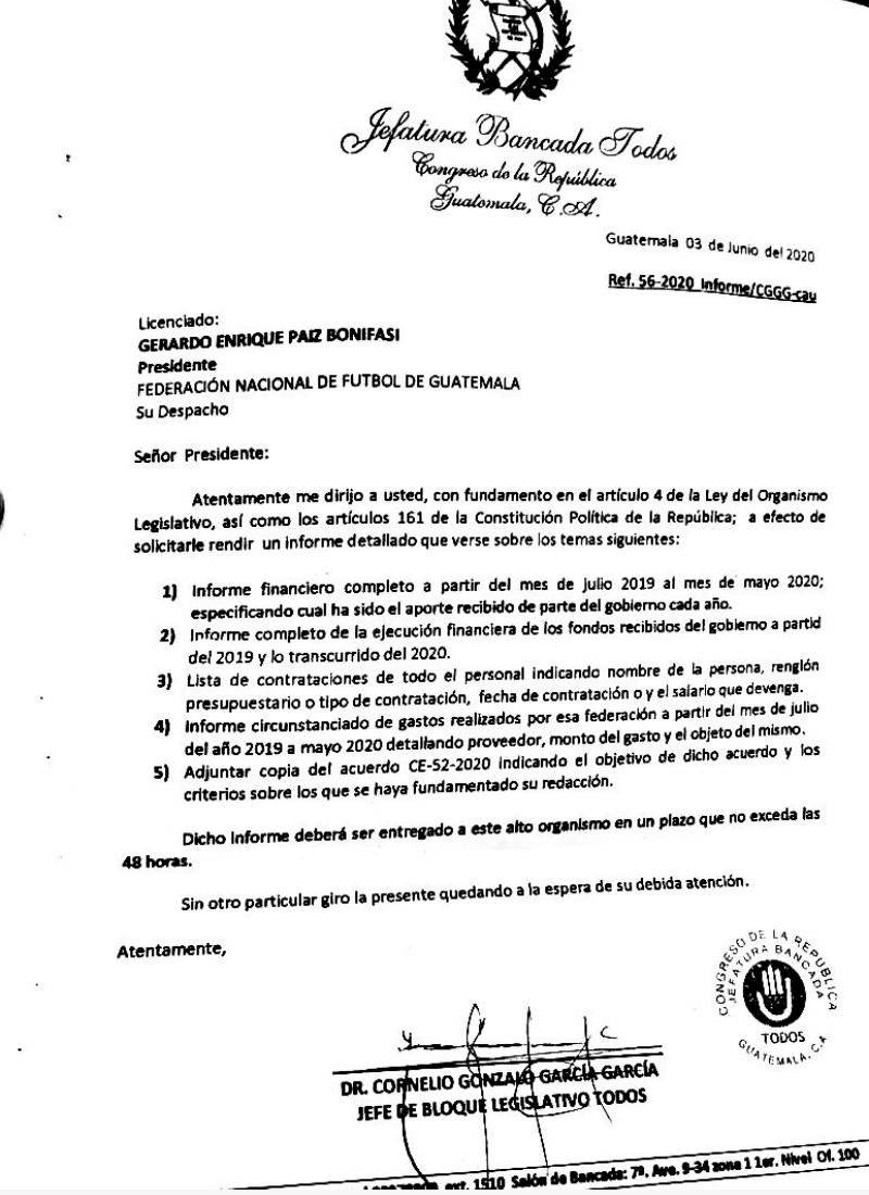 Bancada Todos exige informes a la Fedefut