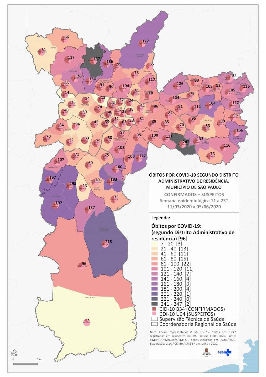 Mapa óbitos por distrito - covid-19 - São Paulo