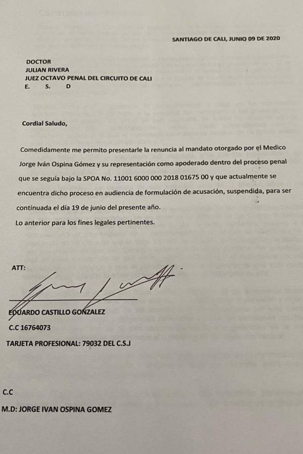 Renuncia abogado de Ospina