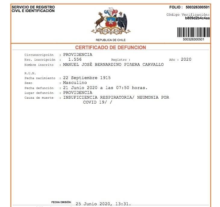 El certificado de defunción de Bernardino Piñera