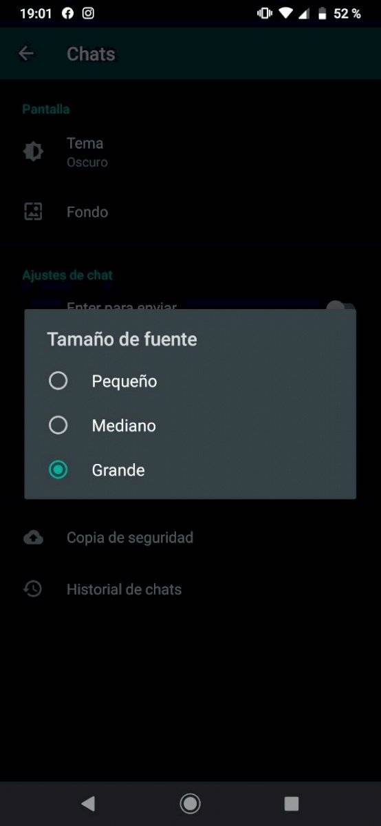  WhatsApp tamaño de fuente 