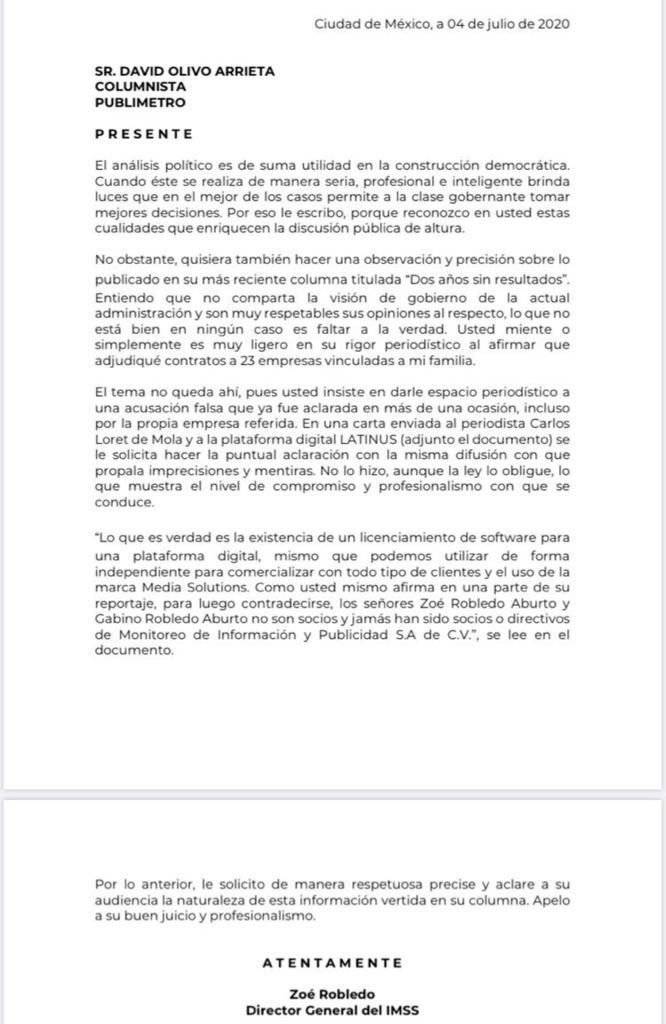 Carta de Zoé Robledo