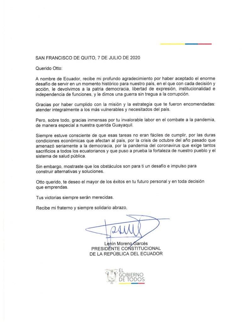 Carta de Lenín Moreno para Otto Sonnenholzner
