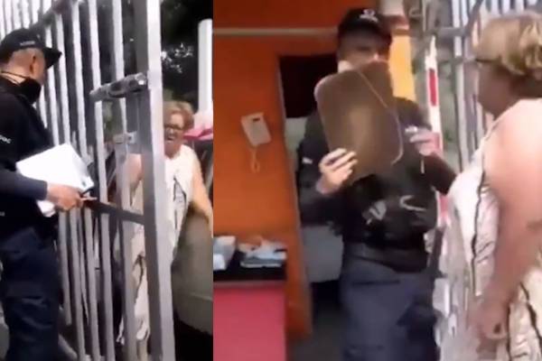 Mujer enfurece contra vigilantes, no le abren la puerta porque no ha pagado el servicio