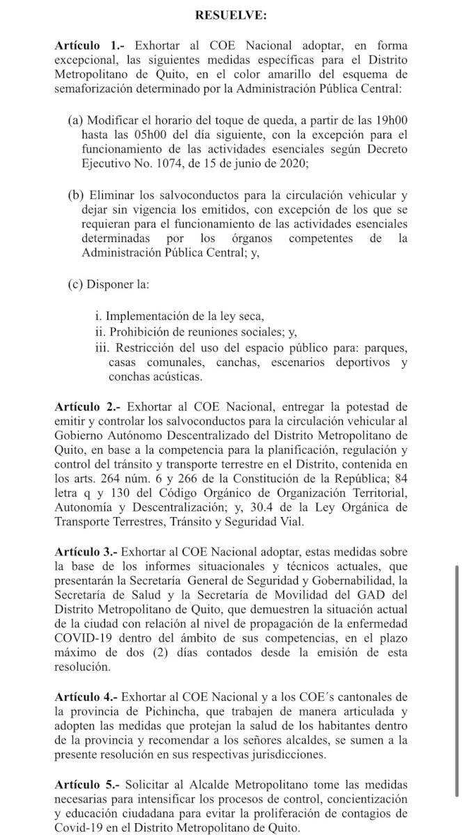 Concejo Metropolitano de Quito solicita cambios en el toque de queda y eliminar salvoconductos