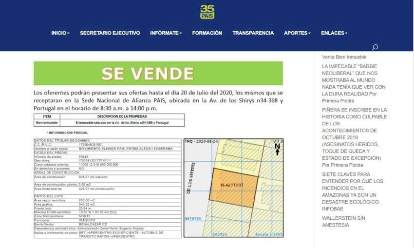 Sede de Alianza PAIS en venta