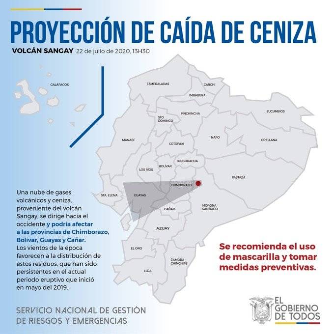 proyección de caída de ceniza del volcán Sangay