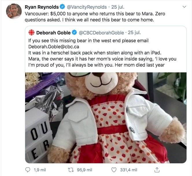 Ryan Reynolds ofrece USD 5000 por encontrar un oso de peluche,