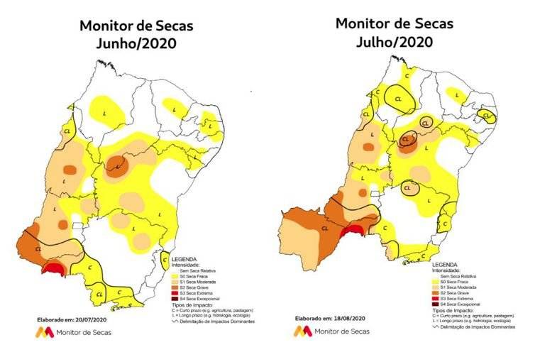 Mapa de secas entre junho e julho de 2020