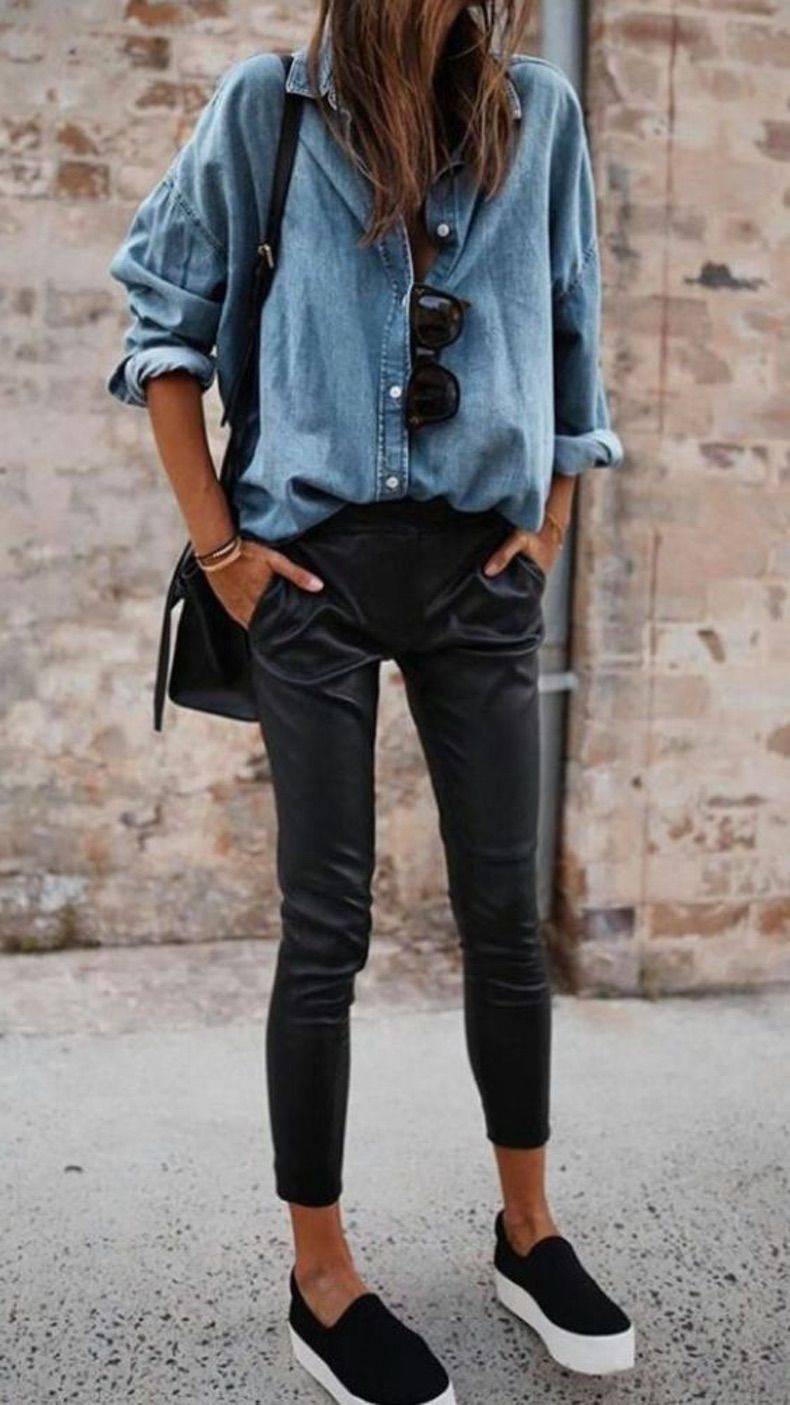 Blusa de mezclilla con pantalón satinado Blusa de Mezclilla