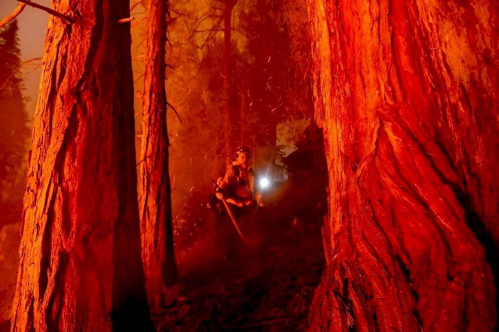 El bombero Nick Grinstead apagando un incendio en la comunidad de Shaver Lake, en Fresno, California