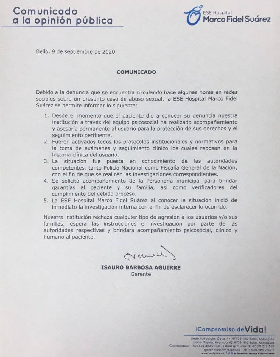 Comunicado Hospital Marco Fidel Suárez