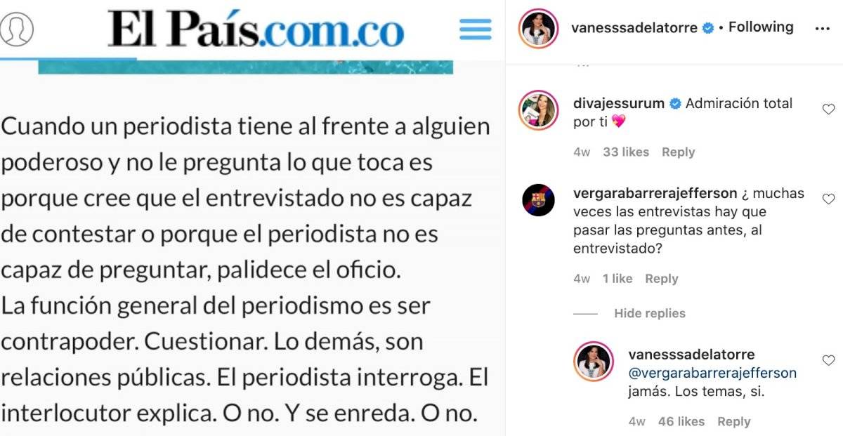 Respuesta de Vanessa de la Torre sobre sus entrevistas