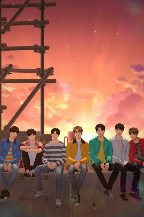BTS Universe Story: Tela inicial da Coleção; as roupas, cabelos e cenário podem ser customizadas pelo jogador