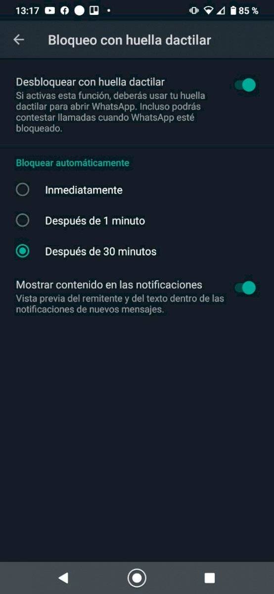 WhatsApp huella dactilar