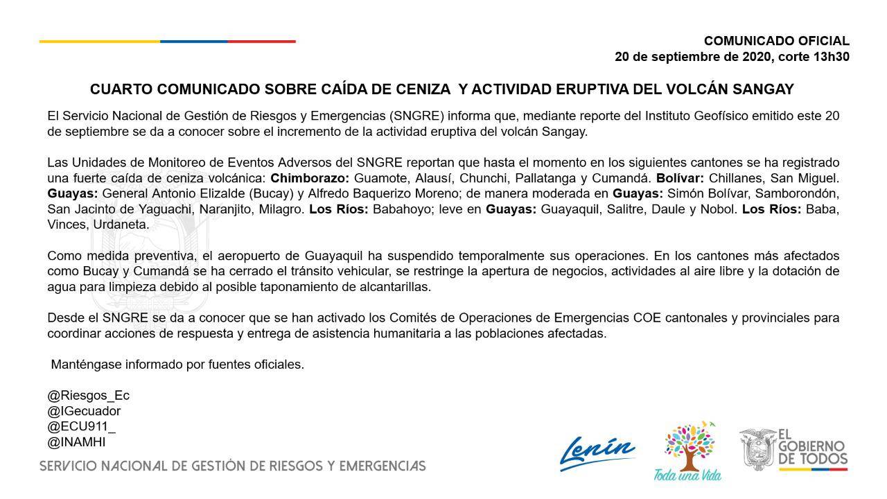Comunicado de Riesgos sobre el volcán Sangay