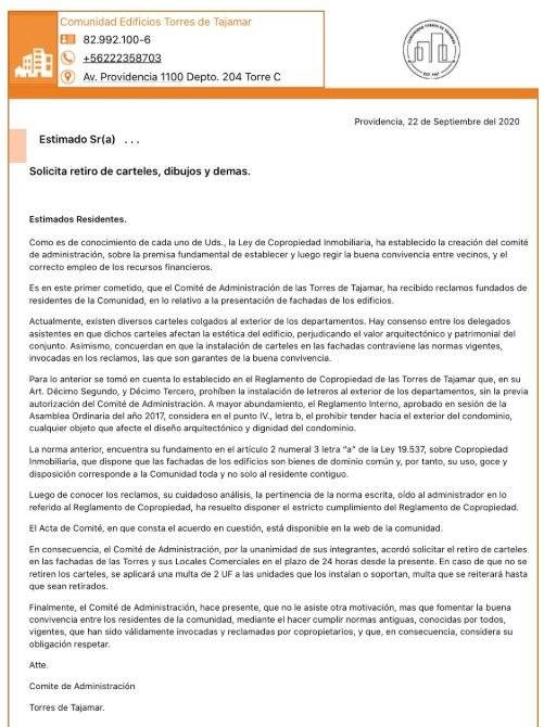 Comunicado de la administración de Torres de Tajamar