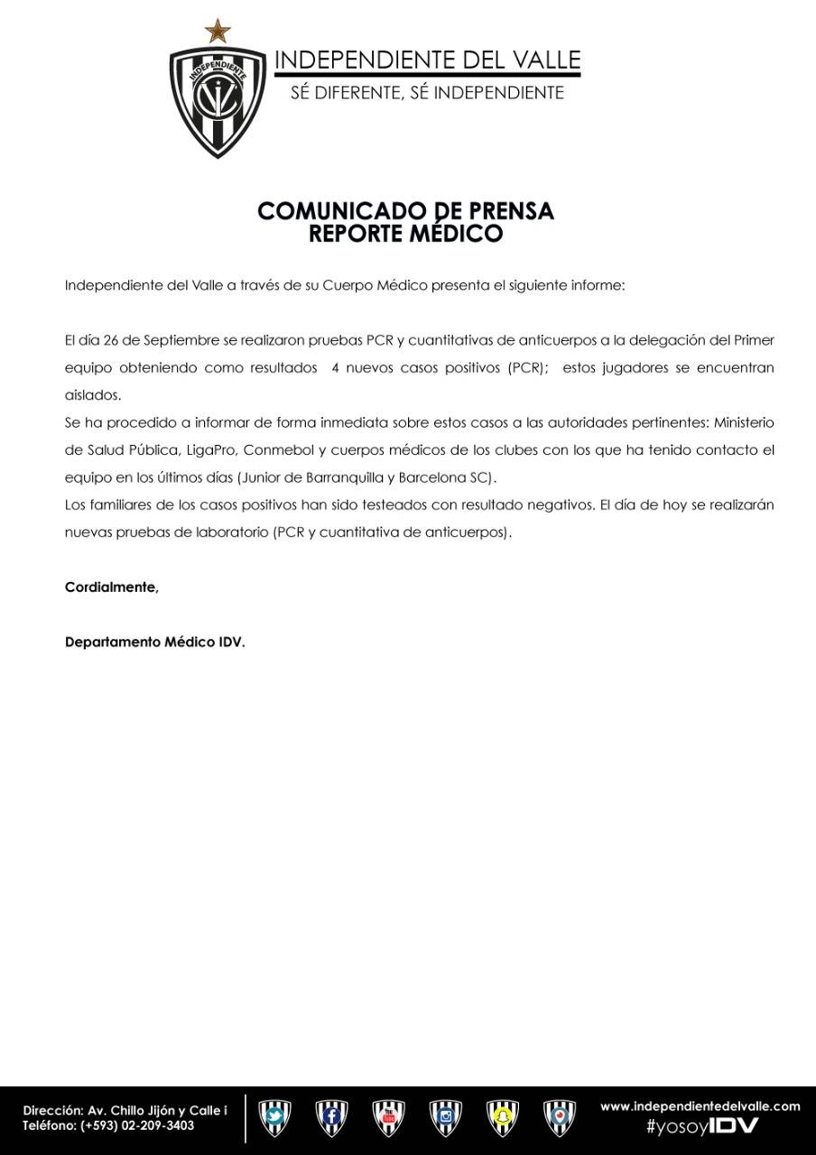 Independiente del Valle suma cuatro nuevos contagios de COVID-19 en sus jugadores