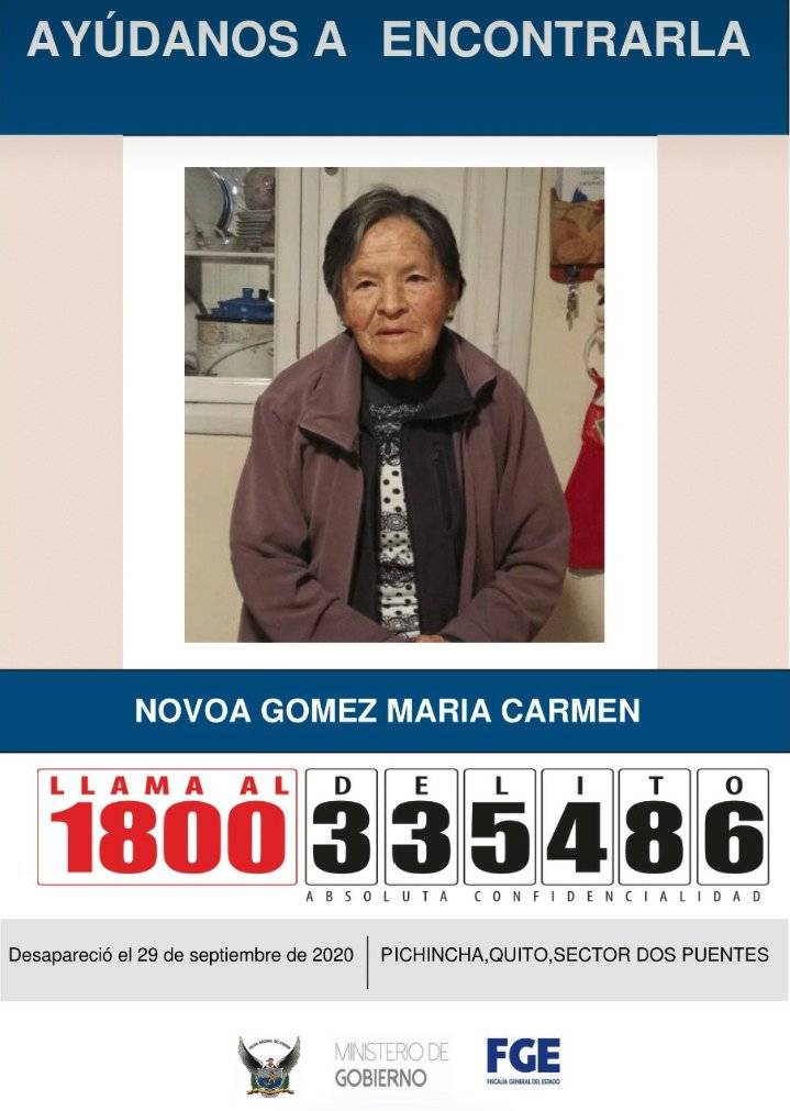 Señora María Carmen Novoa Gómez; reportada como desaparecida en Quito