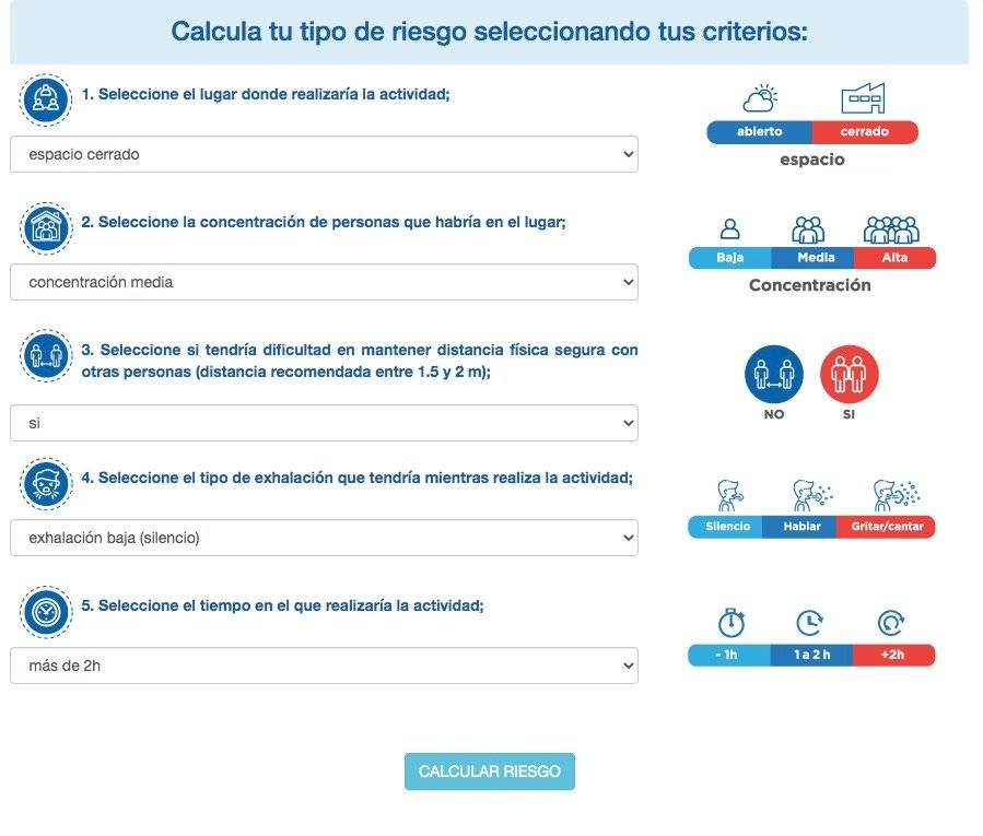 Captura de pantalla de la calculadora que mide el riesgo de contagio de COVID-19