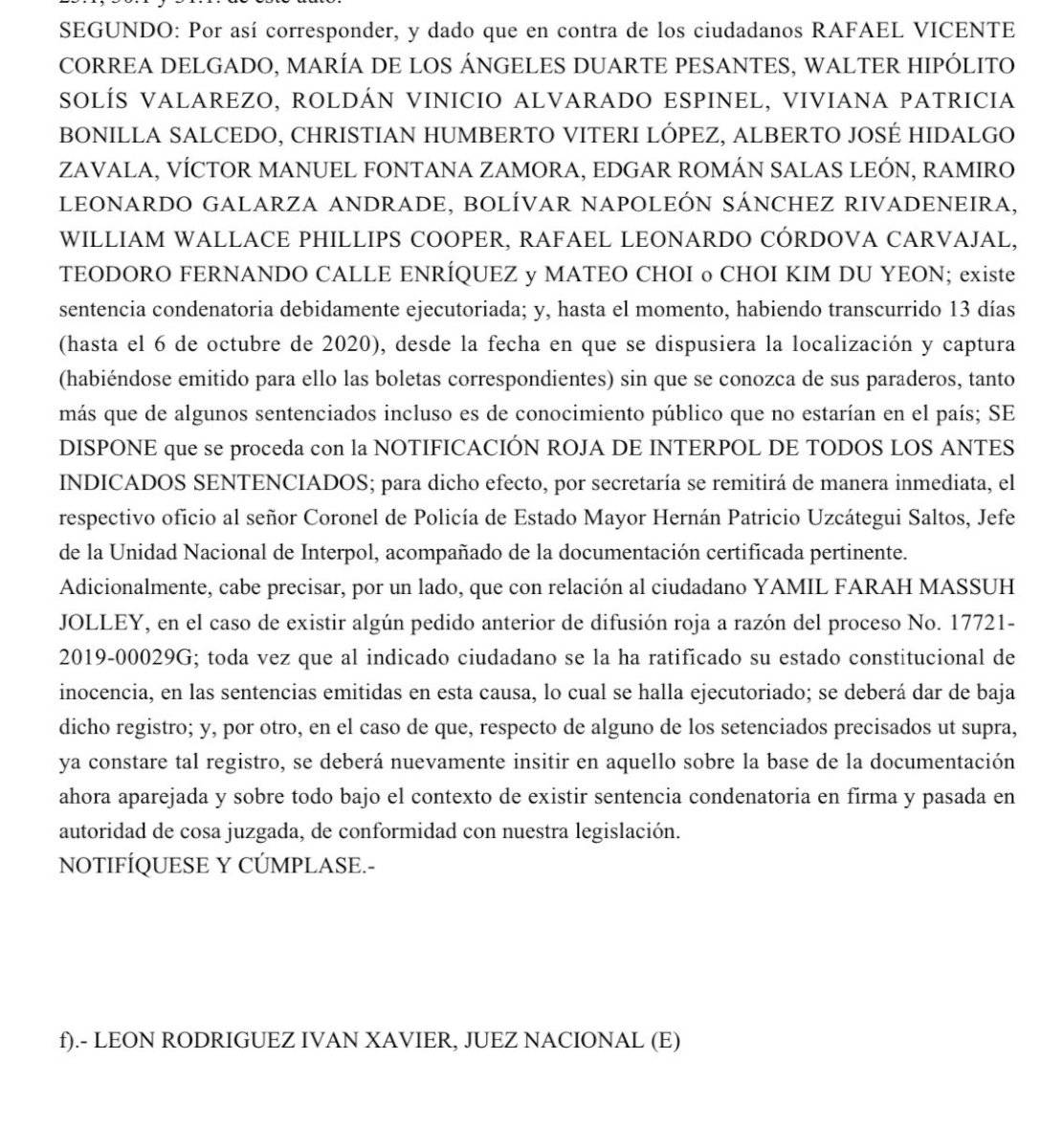 solicitud de difusión roja de Interpol a Correa