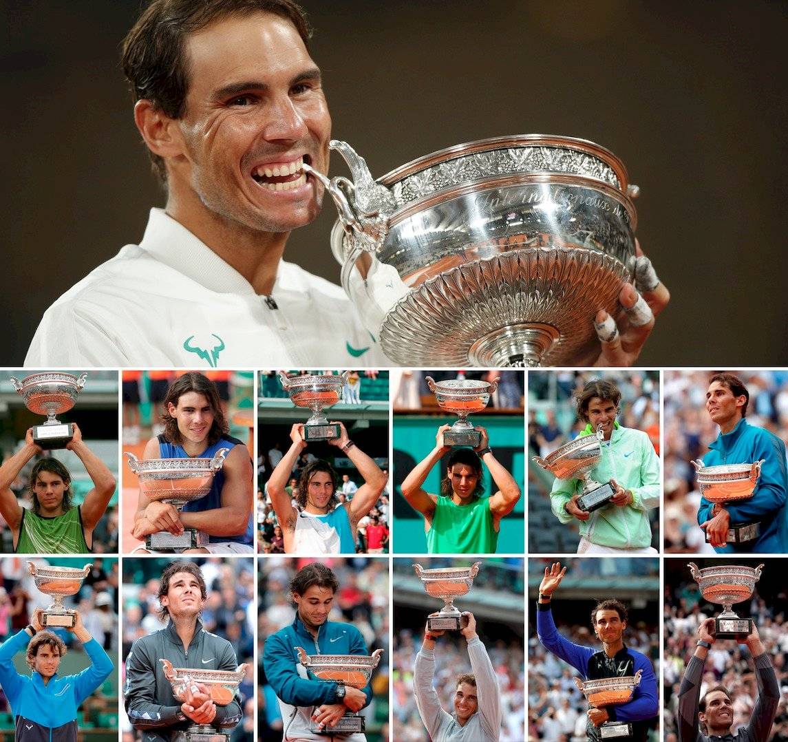 na imagen compuesta muestra al tenista español Rafael Nadal mientras celebra sus victorias en el torneo de tenis Abierto de Francia a lo largo de los años