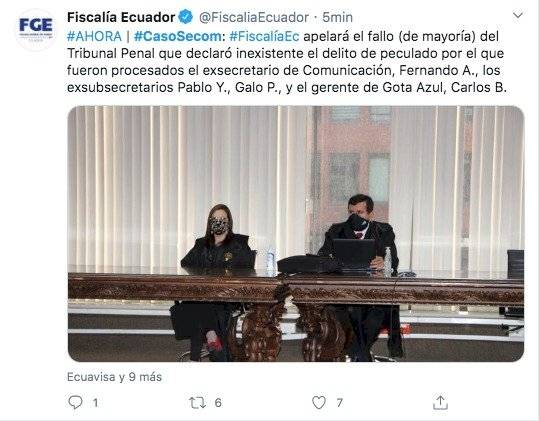 Pronunciamiento de Fiscalía en caso Secom, de Vinicio Alvarado y otros.