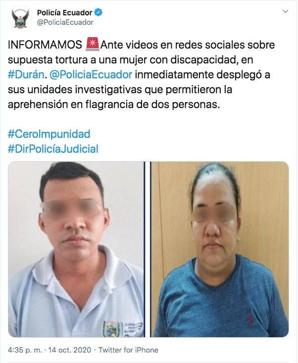 Dos personas detenidas por agresión a mujer en Durán