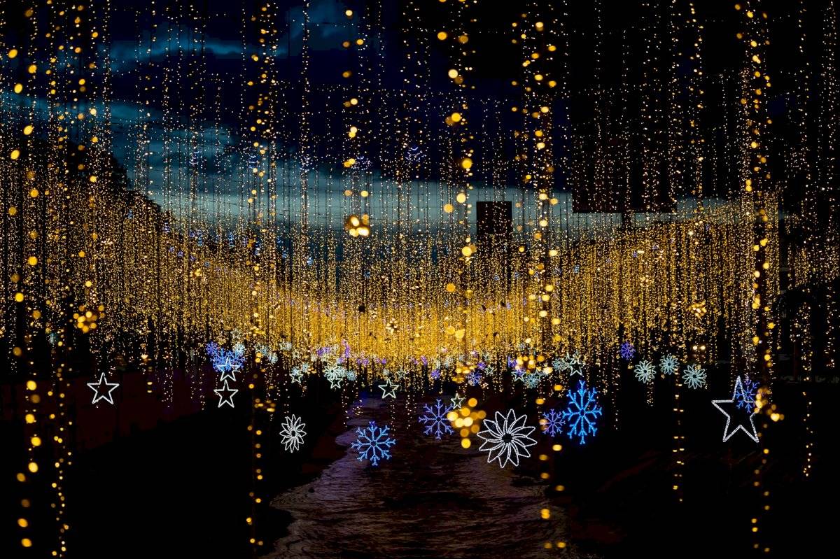 Adornos navideños iluminan el río Guaire, vía principal de desagüe de las aguas residuales de la capital, el 6 de octubre del 2020 en Caracas