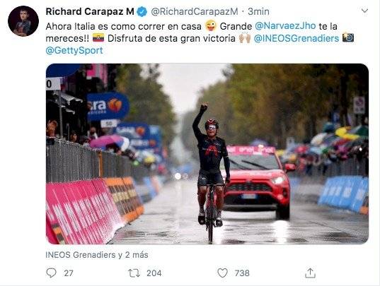 Richard Carapaz se pronunció en Twitter sobre Jhonatan Narváez en el Giro