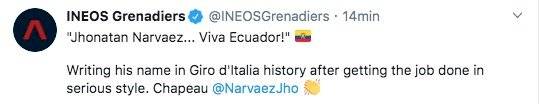 Team Ineos sobre Jhonatan Narváez