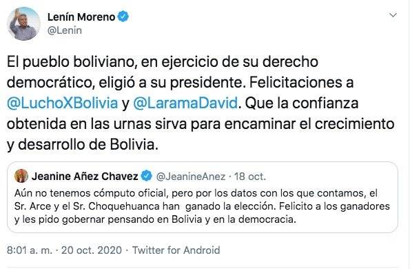 Tuit del presidente Lenín Moreno