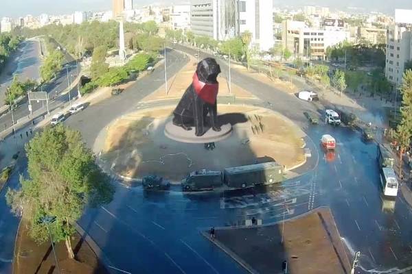 Intervención artística en Plaza Italia: perro "matapacos" reemplaza al General Baquedano