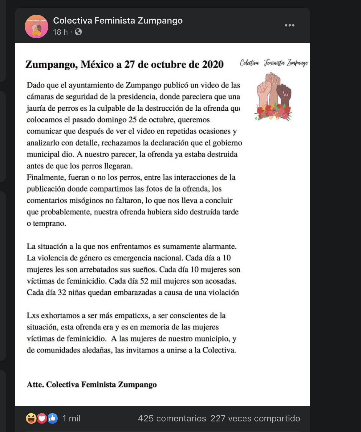 Perritos “vandalizan” ofrenda feminista en Zumpango